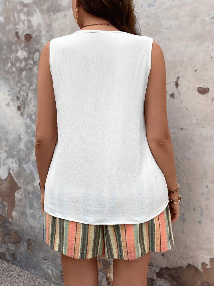 Plus Size Solid Color Vest & Striped Shorts Two Piece Set