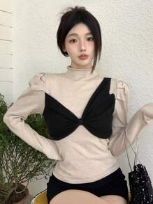 DAZY 女式拼色拼接羊腿袖毛衣，秋装 - 杏色 - 查看 7