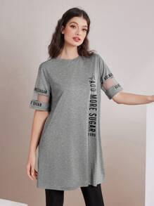 Seusyu Women's Long Spliced Mesh T-Shirt - Light Grey - View 4