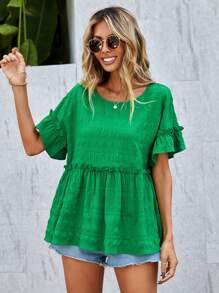 SHEIN LUNE 女士紋理襯衫,褶邊下擺設計 - 綠色 - 查看 3