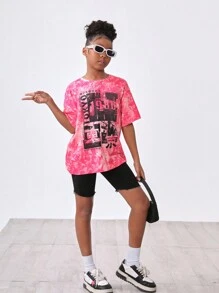 SHEIN Camiseta De Manga Corta Con Hombro Caído, Informal Deportiva Para Niñas Preadolescentes Con Estampado De Letras Tie Dye, Para El Verano