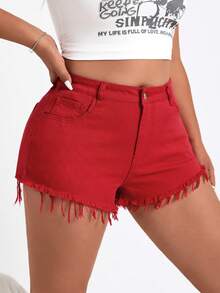 SHEIN EZwear Plus Size Red Stretch Denim Shorts With Fringe Hem - Red - View 3