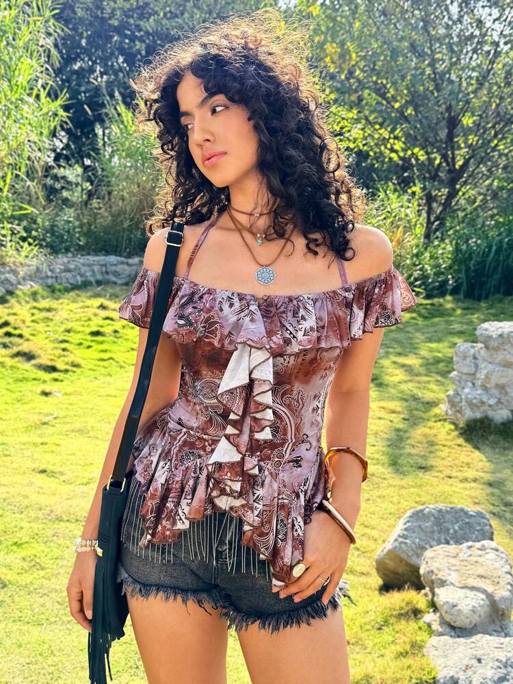 Halter Ruffle Hem Two Layers Top Concert Country Concert Tops