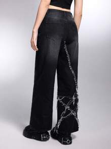 ROMWE Grunge Punk 洗水直筒牛仔褲,帶原始邊緣和斜口袋 - 黑色 - 查看 5