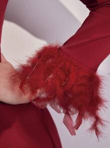 Modelyn Burgundy Red Women's Feather Patchwork Fur Cuff Arabic Style Dress,Elegant Evening Party Dress Long Evening Dresses - Burgundy - View 7