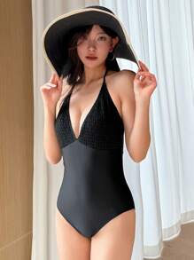 DAZY 女士起皺露背連體泳衣 - 黑色 - 查看 7