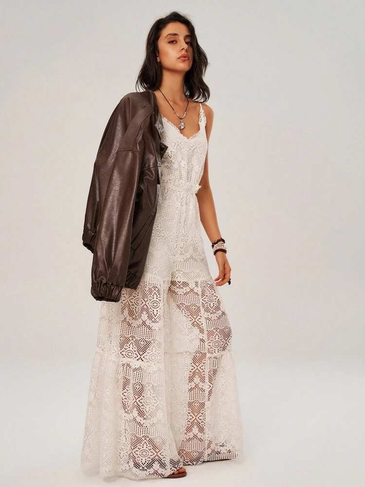 Vacation Lace Spaghetti Strap Flared Jumpsuit