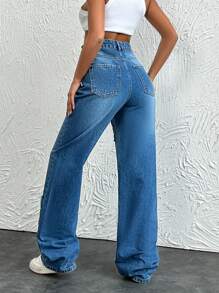 EURMUSE Patch Detailed Washed Jeans - Blue - View 2