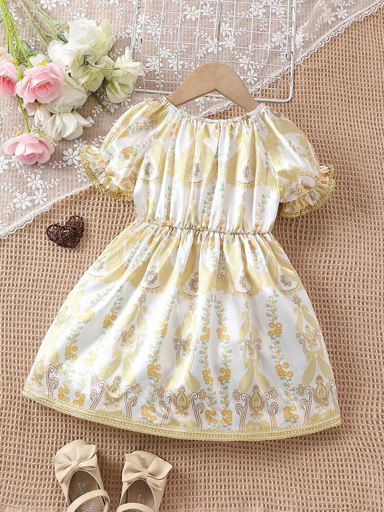 Vintage Printed Bubble Sleeve Dress For Baby Girl