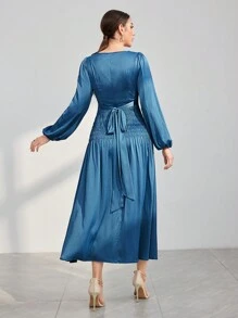 Modelyn Đầm dạ hội dài tay bồng bềnh cổ xếp nếp cho nữ - Màu xanh lam - Xem 4