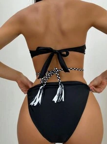 SHEIN Swim Conjunto de bikini de halter trenzado en blanco y negro para mujeres en verano - Negro - Ver 2