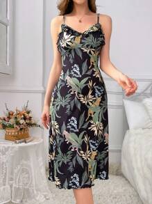 Joyce Ellen Vestito da notte per donna con stampa di piante, decorato con balze, adatto per l'estate e Ibiza