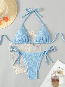 SHEIN Swim 女士花紋紋路荷葉領比基尼套裝 - 藍色 - 查看 1