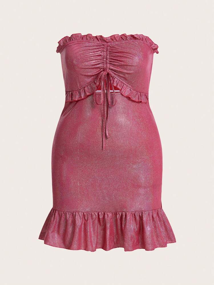 Plus Size Strapless Lace Trim Shiny Valentine's Day Party Dress