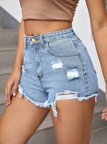 SHEIN EZwear 高腰破洞毛邊緣牛仔短褲 - 淺色水洗藍 - 查看 4