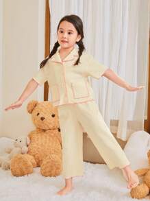 SHEIN Young Girl Colorblock Edge Detail Short Sleeve Button-Up Shirt & Wide Leg Pants Homewear Set With Pockets - Apricot - View 4
