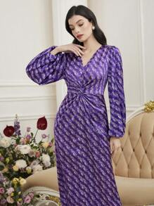 Modelyn Ladies' Paisley Printed Twist Knot Arab Dress Long Evening Dresses - Purple - View 1