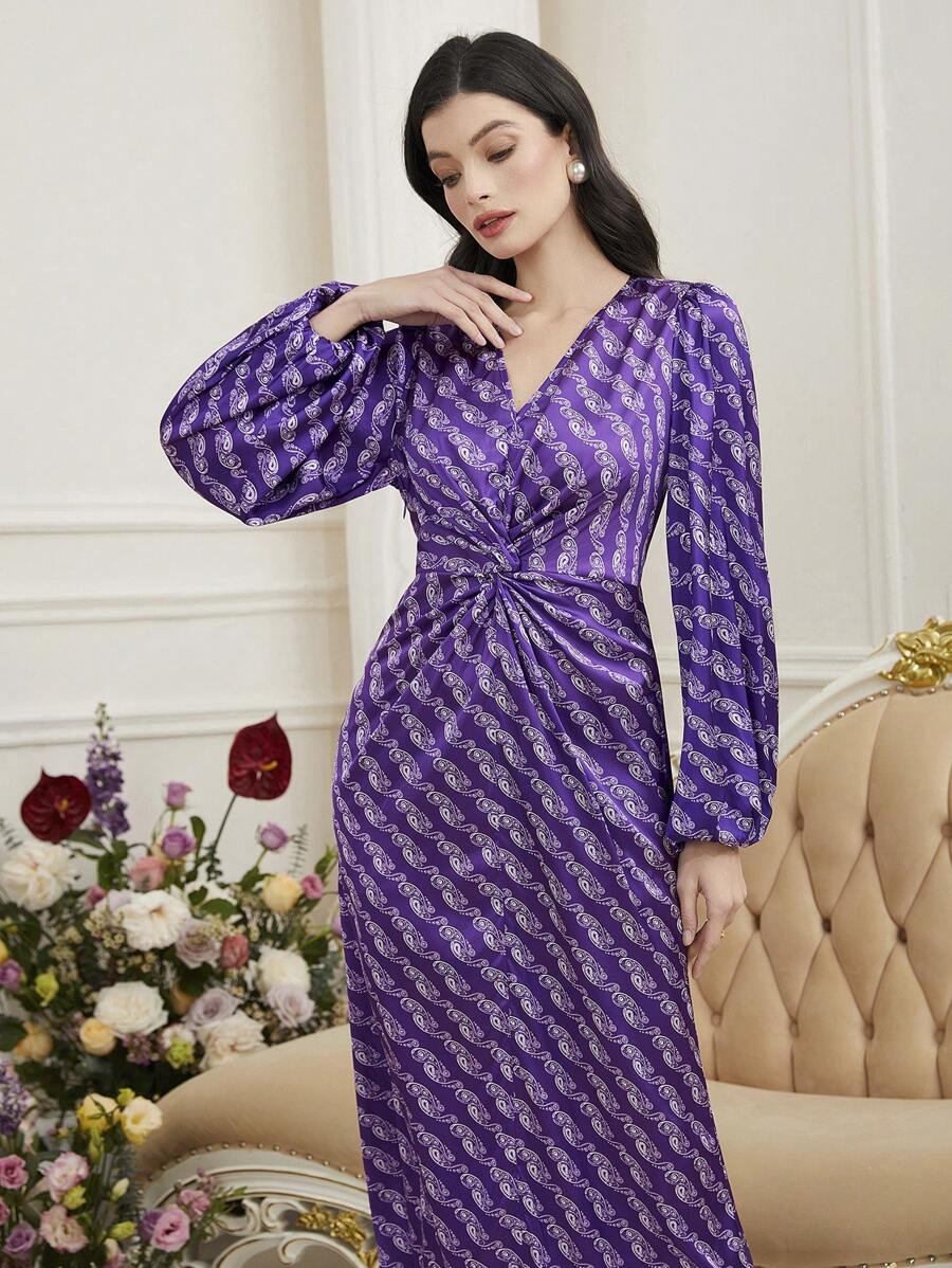 Modelyn Ladies' Paisley Printed Twist Knot Arab Dress Long Evening Dresses - Purple - View 1