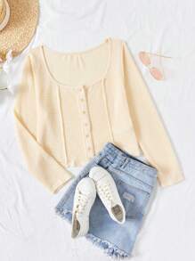 Dreamara Plus Size Women's Big Scoop Neck Buttoned T-Shirt - Apricot - View 1