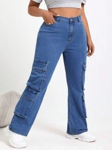 SHEIN EZwear Plus Size High Elasticity Solid Color Cargo Denim Jeans - Blue - View 4