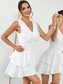 SHEIN Privé 婚紗蕾絲拼接雙層裙擺連身裙 - 白色 - 查看 4