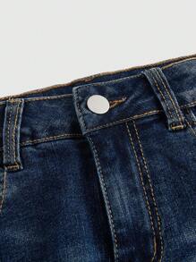 ROMWE Grunge Punk Washed Denim Shorts With Star Embroidery And Raw Hem, School - Blue - View 4