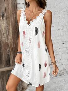 SHEIN Frenchy Women's Basic Feather Printed Cami White Flowy Dress Summer Casual - Multicolor - View 4