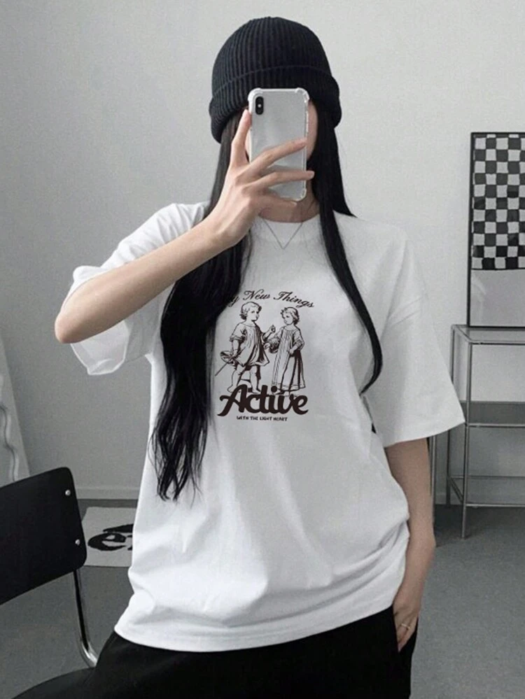 Round Neck Portrait Printed Drop Shoulder T-Shirt
