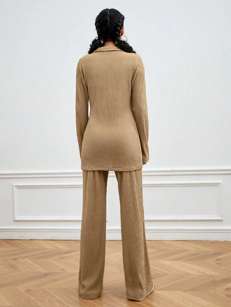 V-Neckline Long Sleeve Top With Side Slit And Sports Pants Set
