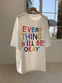 Comfortcana Của phụ nữ Lỏng lẻo phù hợp Áo thun Với Đầy màu sắc Lá thư In hoa - trắng - Xem 1