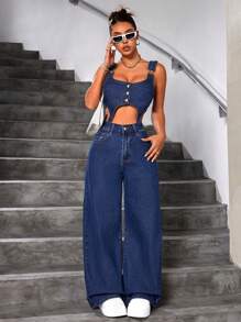 SHEIN ICON 女式中空寬腿牛仔背帶褲 - 藍色 - 查看 1