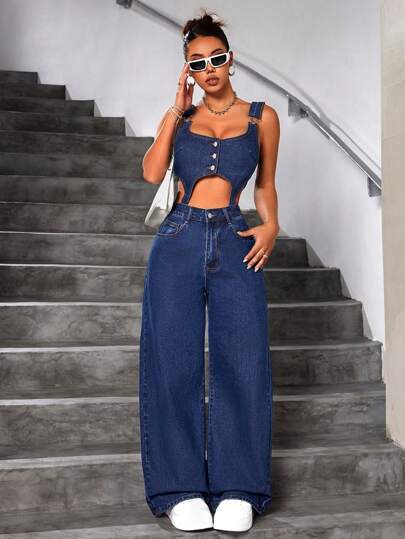 SHEIN ICON 女式中空寬腿牛仔背帶褲