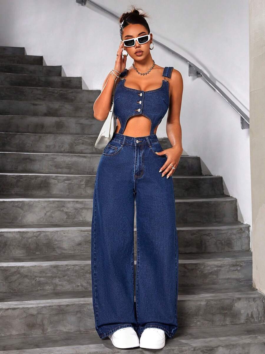 SHEIN ICON 女式中空寬腿牛仔背帶褲 - 藍色 - 查看 1