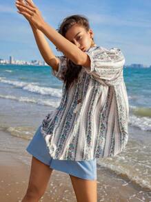 Anewsta Vacation Style Loose Short Sleeve Shirt With Beach Floral Print, Fringe & Wide Band, Women's - Green - View 5
