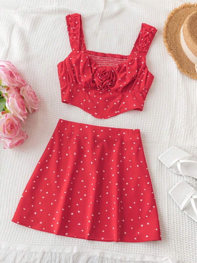 Heart Print Crop Top With 3d Flowers & Pleated Detailing And Skirt Set