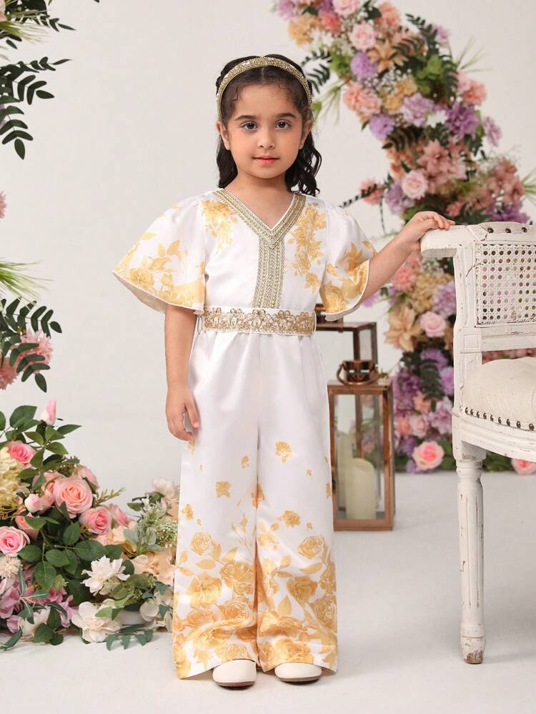 Young Girls' Cute V-Neck Palace Print Jumpsuit With Ruffle Sleeves And Weave Decorative Belt