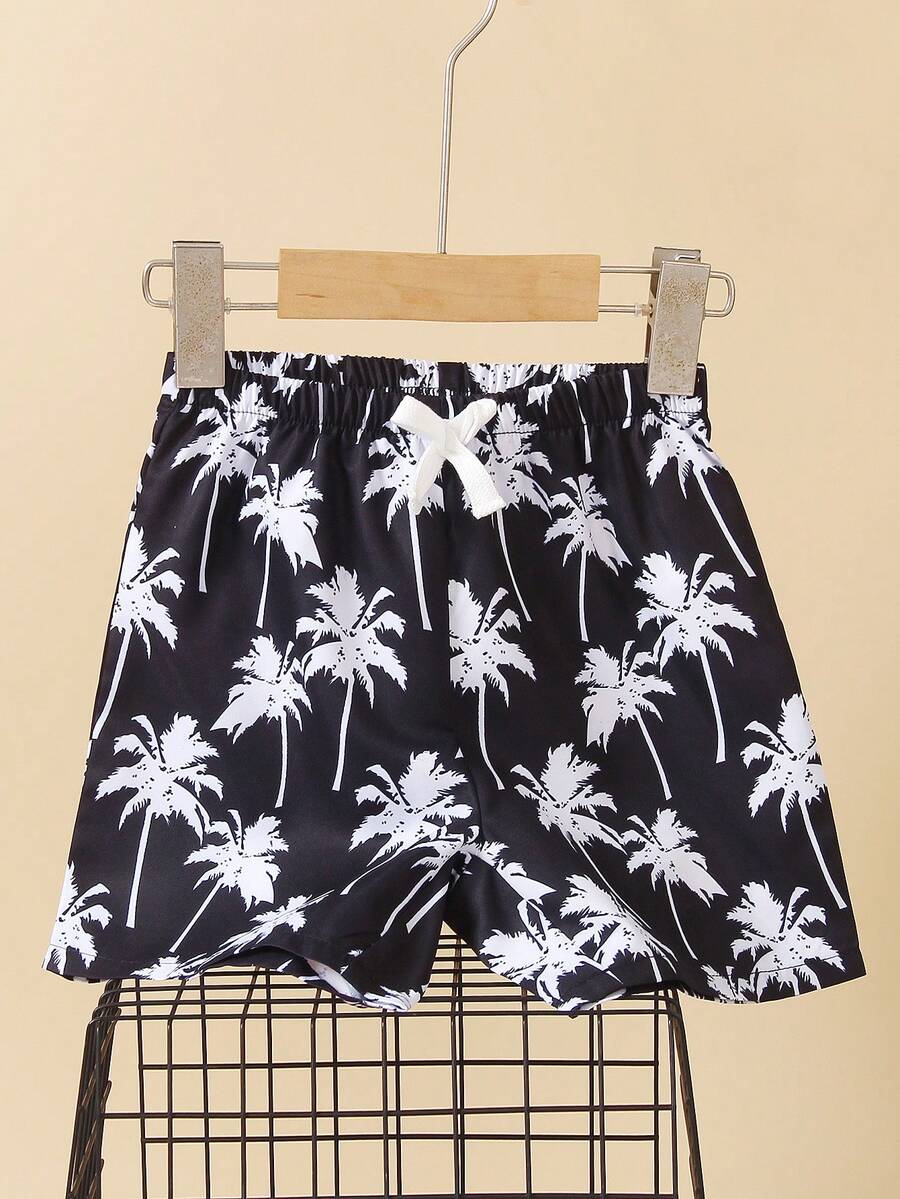 SHEIN 小男孩休閒、度假、日常穿著、寬鬆、棕櫚樹印花、舒適短褲 - 黑色 - 查看 1