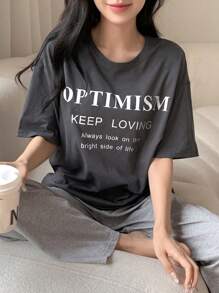 DAZY 标语图案落肩休闲套装睡衣 - 深灰色 - 查看 5