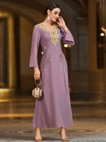 Al Najma Purple Rhinestone Decor Long Sleeve Maxi Modest Dress Arabian Dress Kaftan Jalabiya Dress - Dusty Purple - View 4