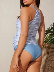 SHEIN Maternity Geometric Printed Round Neck Tankini, Maternity Bathing Suit Summer - Blue and White - View 2