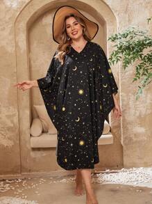 SHEIN Swim Curve Plus Size Women's Loose Fit Star & Moon Pattern Cover Up Summer - Multicolor - View 4