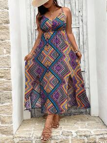 SHEIN Holidaya Của phụ nữ Kích thước lớn In Hình học Dây đeo Mì Ý  Đầm - Nhiều màu - Xem 3
