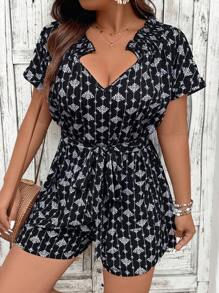 SHEIN LUNE Plus Size Printed Cutout Neckline Jumpsuit