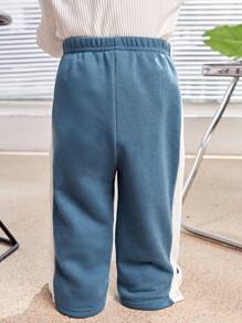 SHEIN Baby Boys' Side Seam Contrast Splice Wide-Leg Pants With Side Slit - Blue - View 2