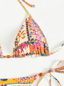 SHEIN Swim Summer Beach Women's Random Printed Knot Front Halter Neck Bikini Set - Multicolor - View 7
