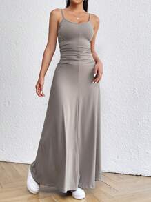 SHEIN EZwear Màu xám Dệt kim Eo Ruched Của phụ nữ Dây đeo Mì Ý  Đầm - Xám - Xem 3