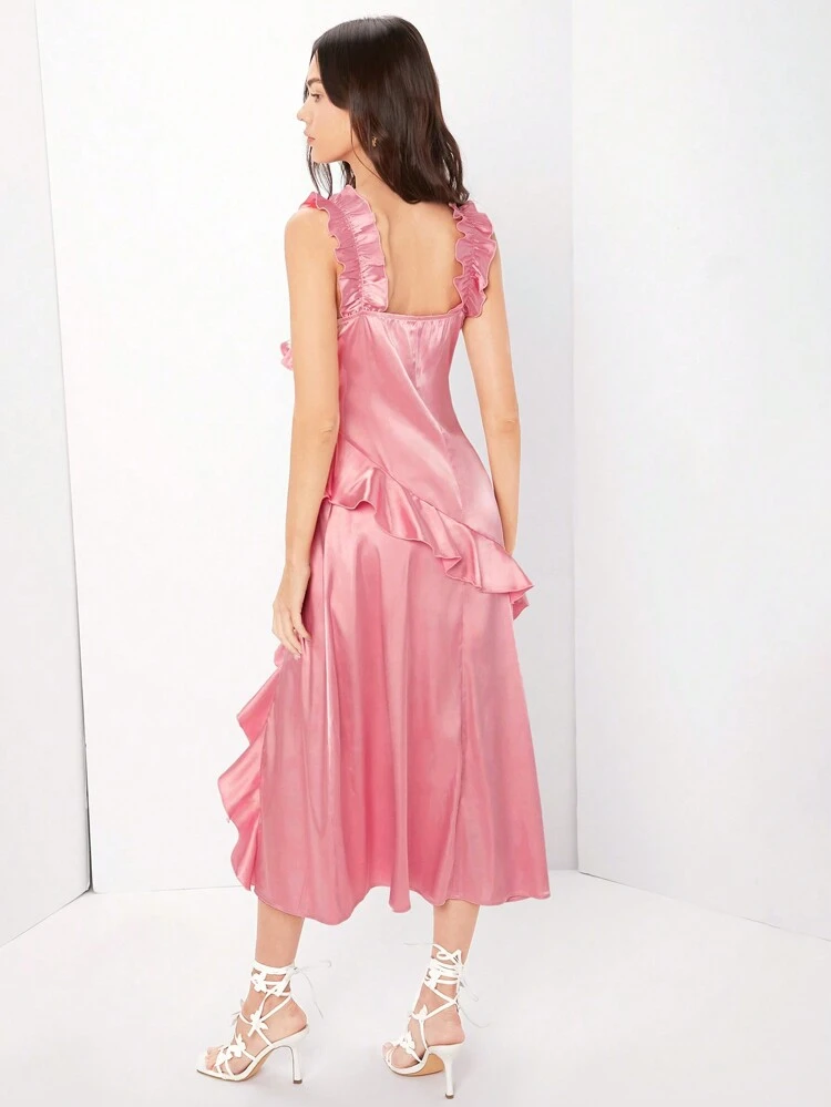 Women's Bow Decoration Ruffle Trim Overlay Cami Dress