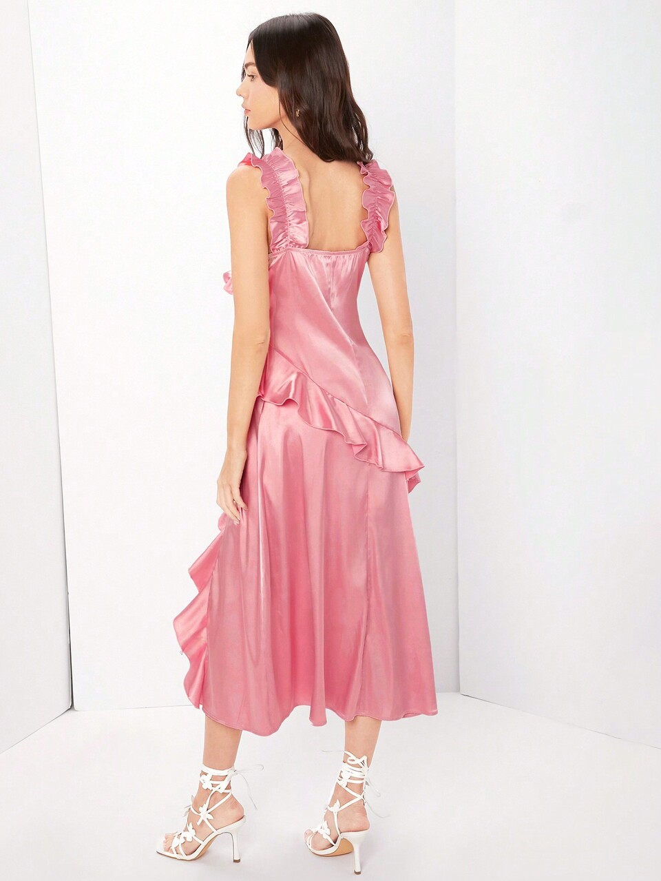 Women's Bow Decoration Ruffle Trim Overlay Cami Dress