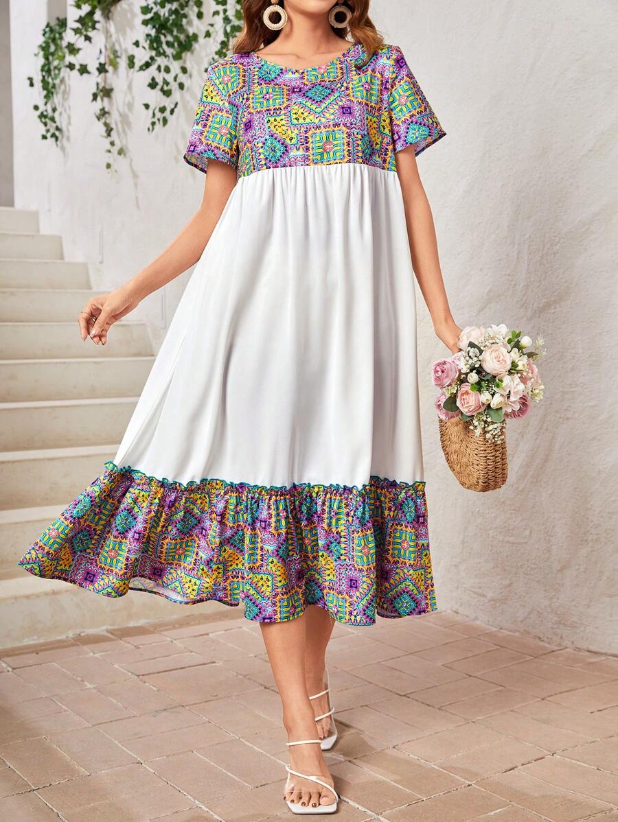 SHEIN VCAY Của phụ nữ Khối màu Họa tiết Hình học Ngắn tay Đầm - Nhiều màu - Xem 1