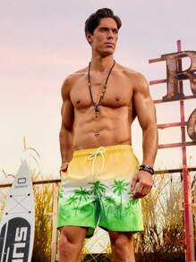 Surfspeed Men's Elastic Waist Coconut Tree Print Beach Shorts With Slanted Pockets - Green - View 6